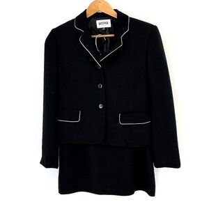 Kasper Skirt Suit Petite Size 4P Black White Trim Dots Side Zip Business Lined